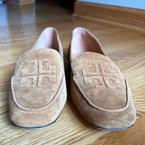 Tory Burch Camel Brown Suede Leather Ruby 15mm Loafer Flat Shoes - Picture 7 of 14